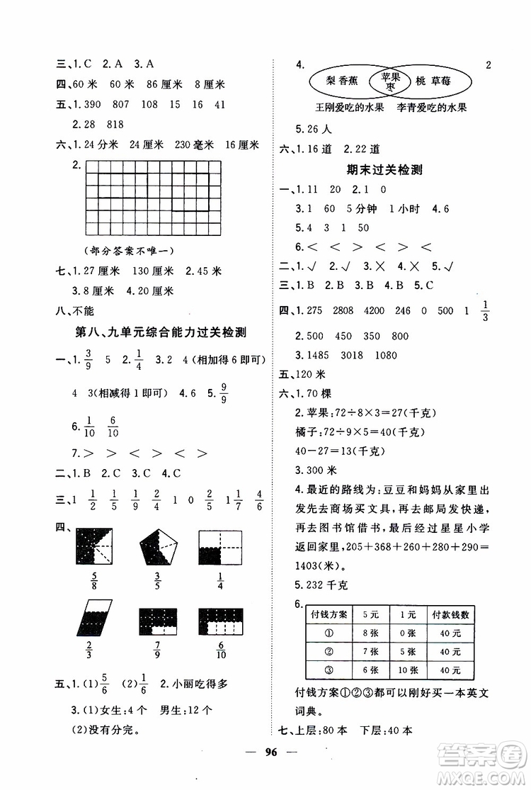 2019秋課時特訓優(yōu)化作業(yè)本數(shù)學三年級上冊R人教版參考答案