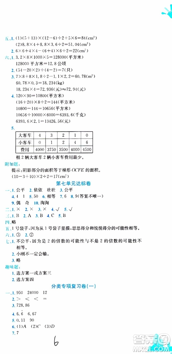 2019秋新版黃岡小狀元達標卷五年級上冊數(shù)學(xué)BS北師版參考答案