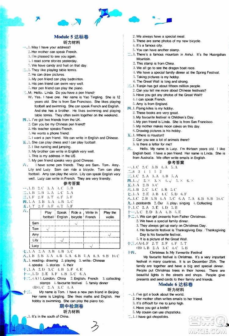 2019秋黃岡小狀元達(dá)標(biāo)卷六年級(jí)上冊(cè)英語(yǔ)WY外研版參考答案