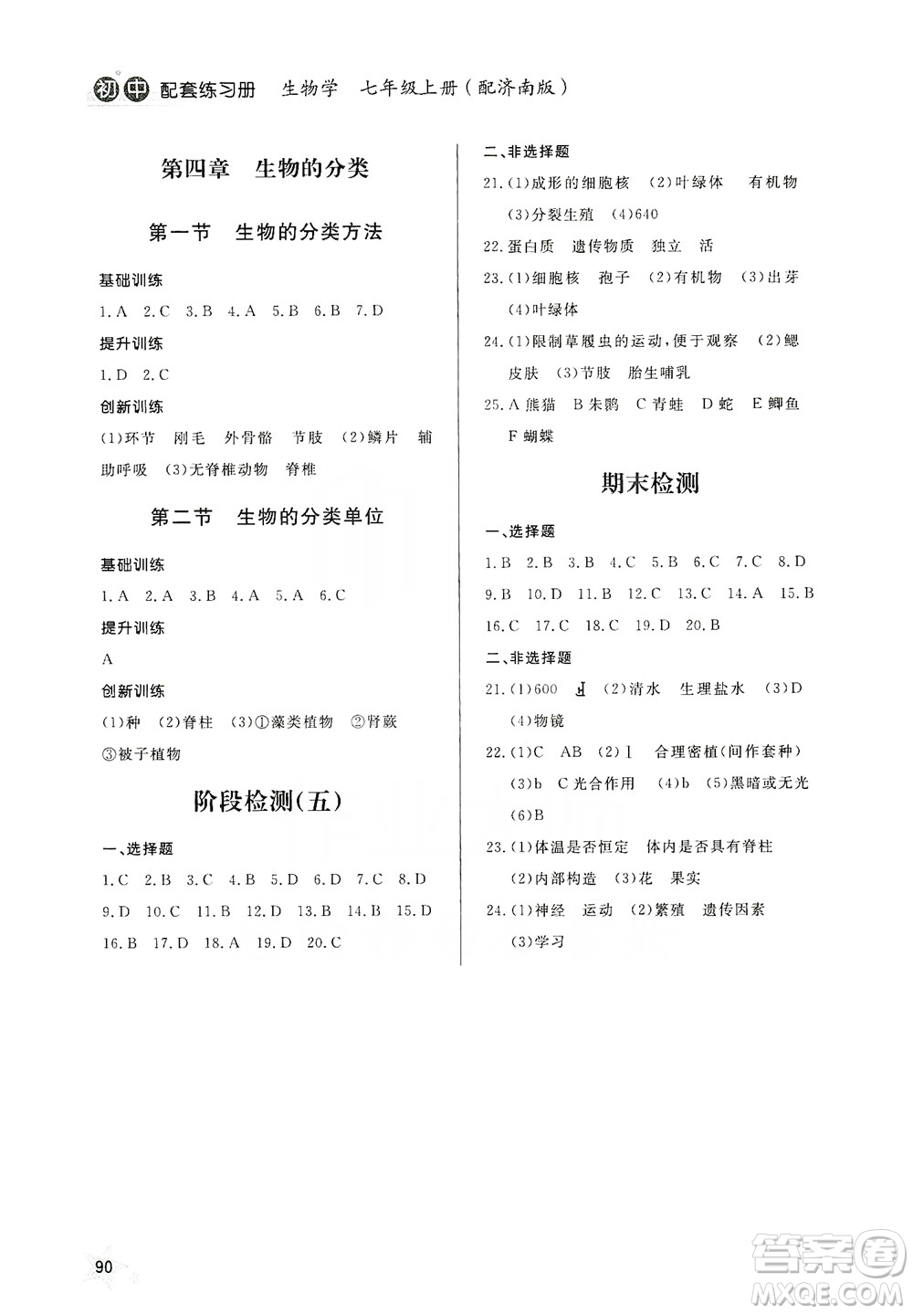 2019初中配套練習(xí)冊(cè)七年級(jí)上冊(cè)生物學(xué)濟(jì)南版六制版答案