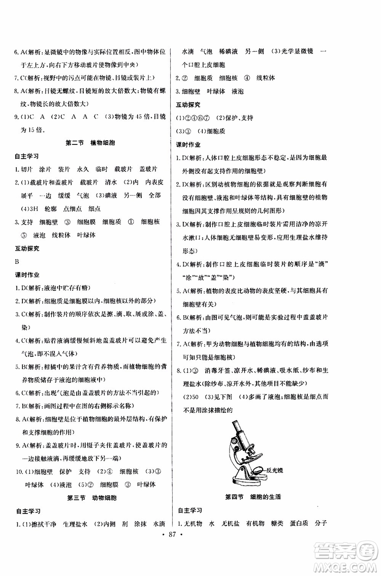 2019版長江全能學(xué)案同步練習(xí)冊初中七年級上冊生物學(xué)人教版參考答案