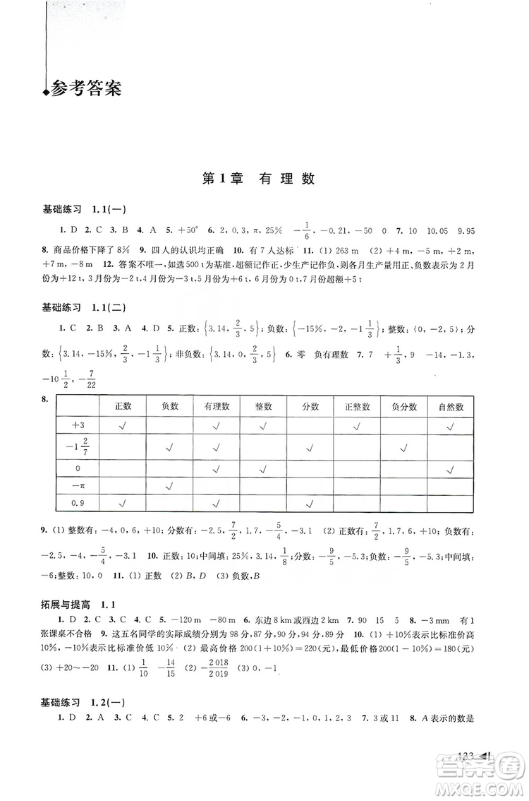 上?？茖W(xué)技術(shù)出版社2019初中數(shù)學(xué)同步練習(xí)七年級(jí)上冊(cè)滬科版答案