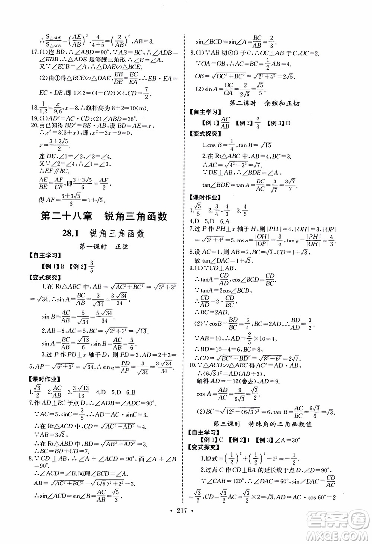 2019新版長(zhǎng)江全能學(xué)案同步練習(xí)冊(cè)數(shù)學(xué)九年級(jí)全一冊(cè)人教版參考答案
