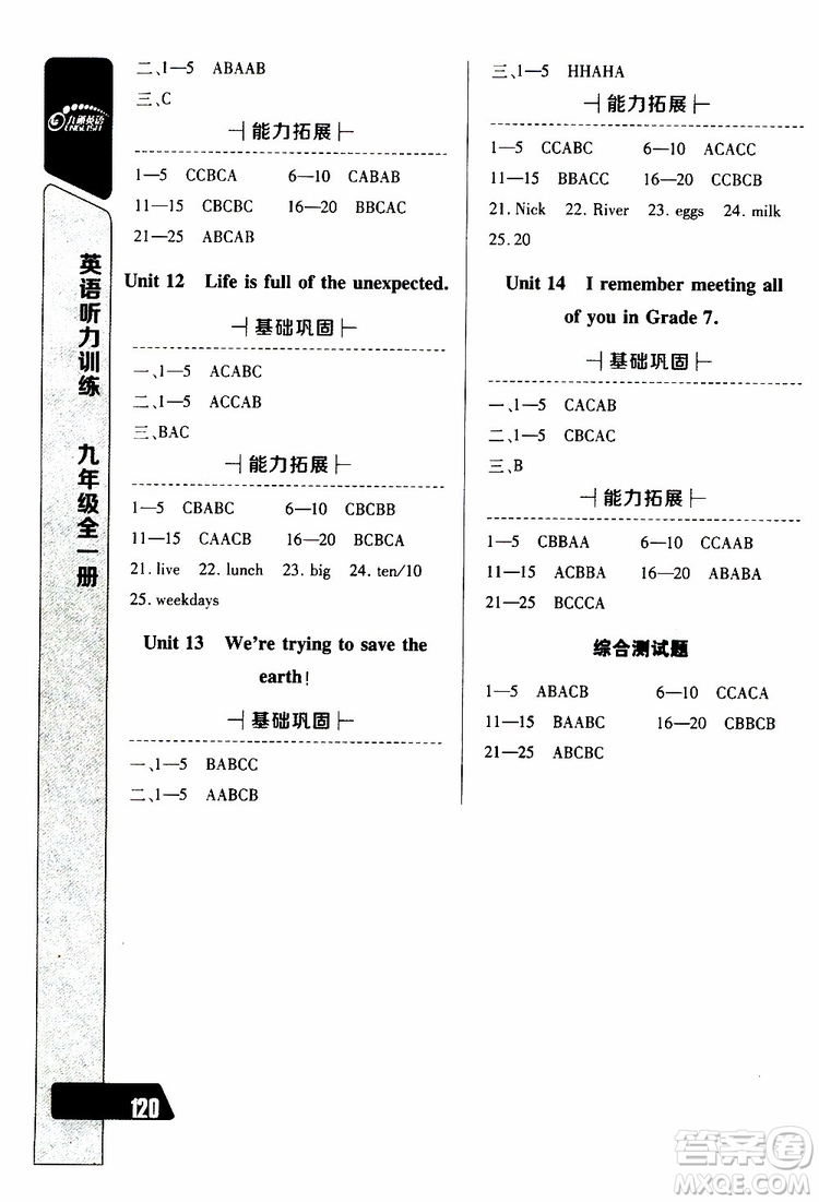 2019新版長江全能學案英語聽力訓練九年級全一冊人教版參考答案
