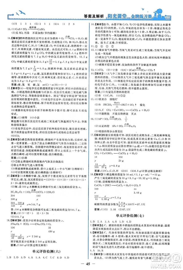 人民教育出版社2019陽(yáng)光課堂金牌練習(xí)冊(cè)九年級(jí)化學(xué)上冊(cè)答案
