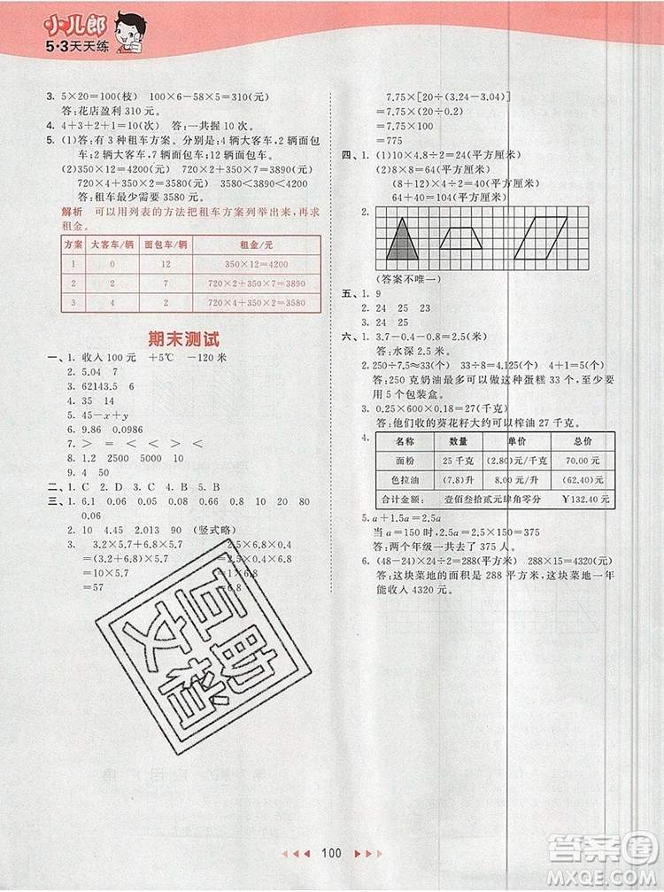 2019年53天天練小學(xué)數(shù)學(xué)五年級(jí)上冊(cè)蘇教版參考答案