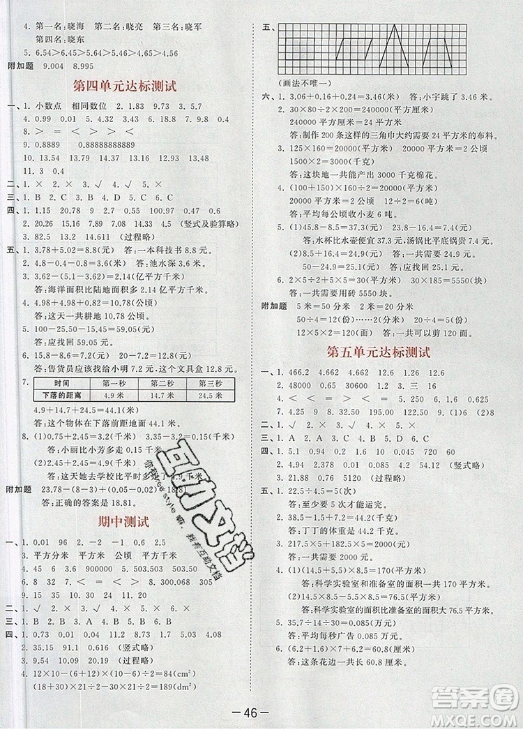 2019年53天天練小學(xué)數(shù)學(xué)五年級(jí)上冊(cè)蘇教版參考答案
