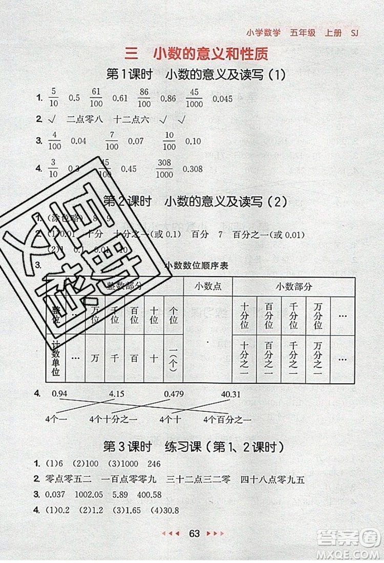 2019年53隨堂測小學(xué)數(shù)學(xué)五年級上冊蘇教版參考答案