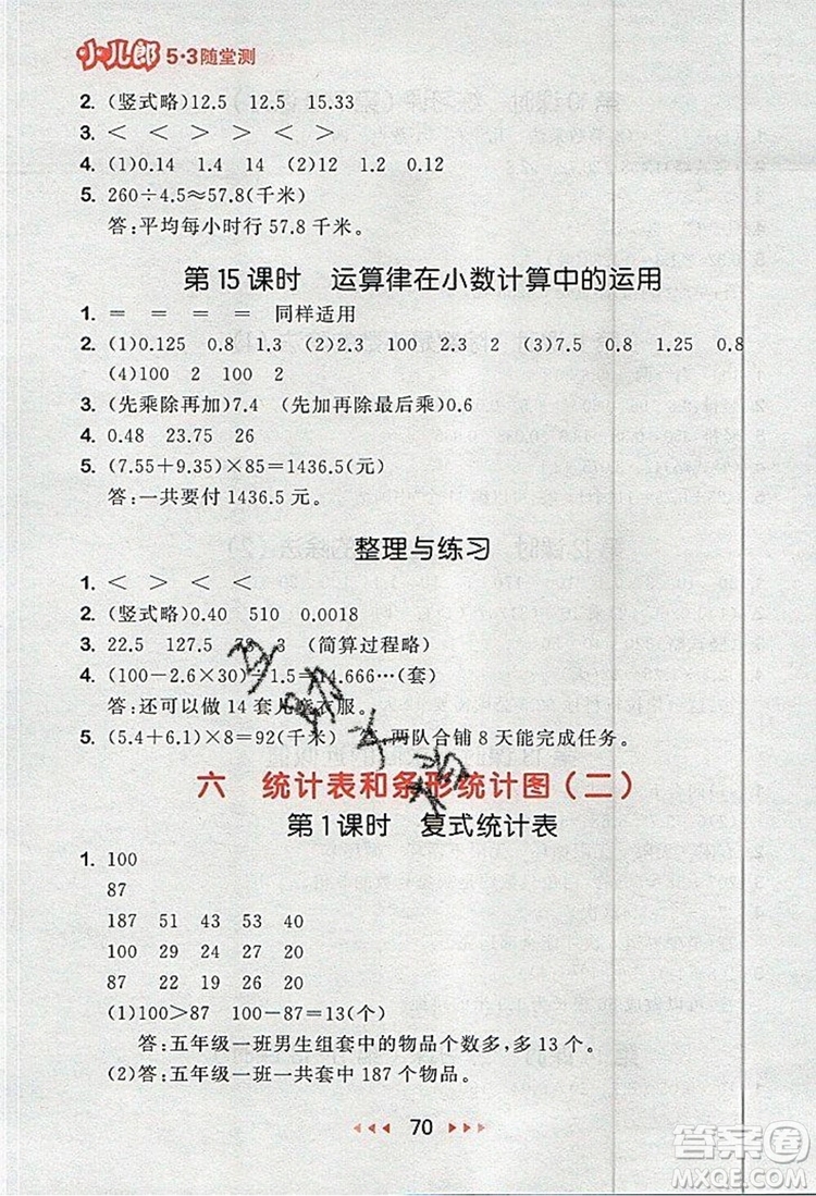 2019年53隨堂測小學(xué)數(shù)學(xué)五年級上冊蘇教版參考答案