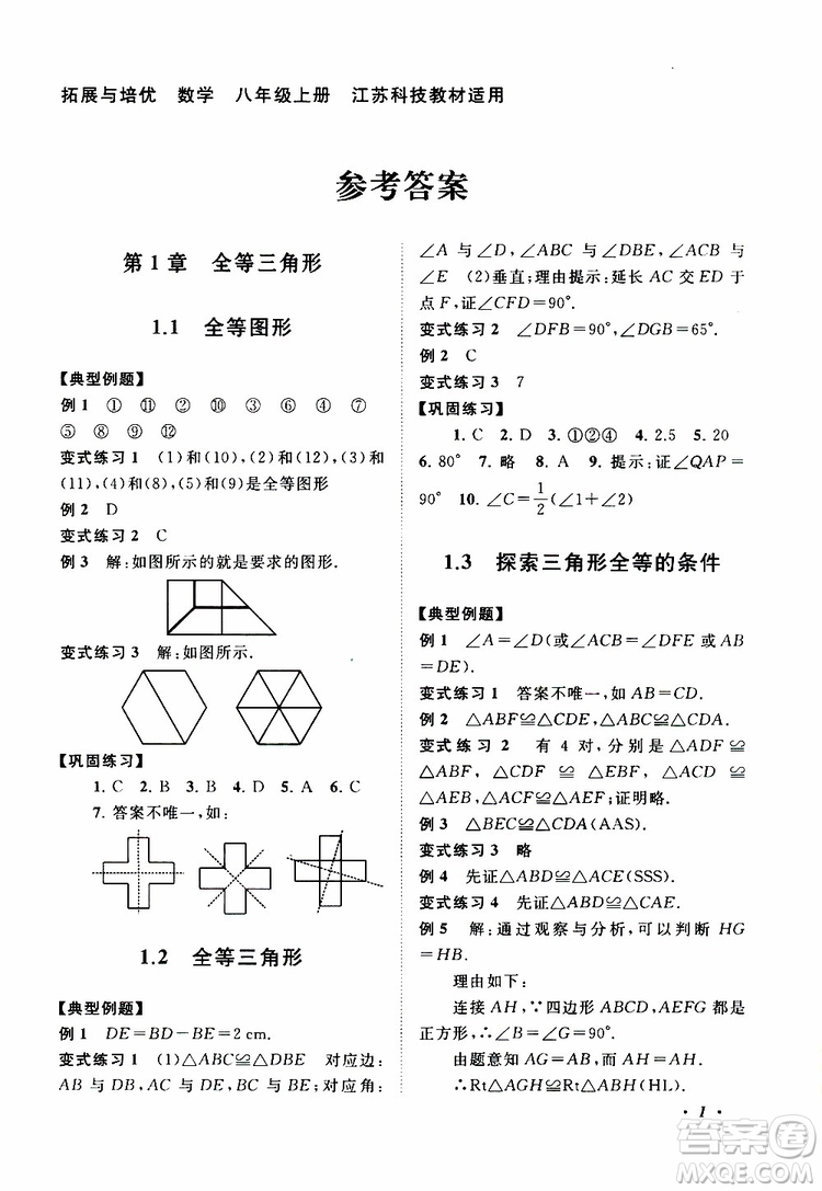 2019年拓展與培優(yōu)數(shù)學八年級上冊蘇教版參考答案
