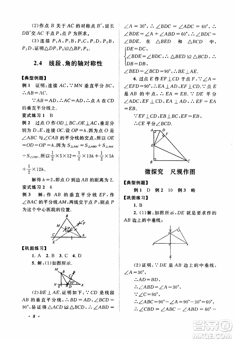 2019年拓展與培優(yōu)數(shù)學八年級上冊蘇教版參考答案