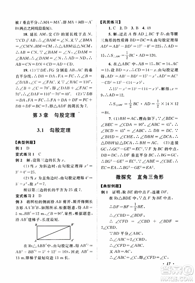 2019年拓展與培優(yōu)數(shù)學八年級上冊蘇教版參考答案