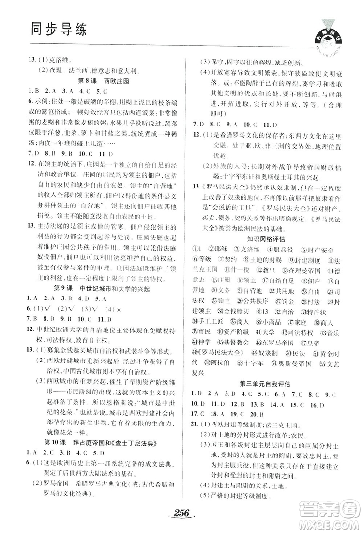 陜西科學(xué)技術(shù)出版社2019新課標(biāo)教材同步導(dǎo)練九年級歷史全一冊答案
