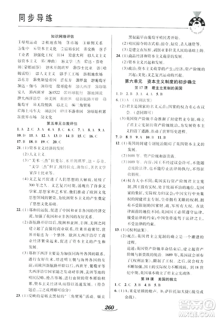 陜西科學(xué)技術(shù)出版社2019新課標(biāo)教材同步導(dǎo)練九年級歷史全一冊答案