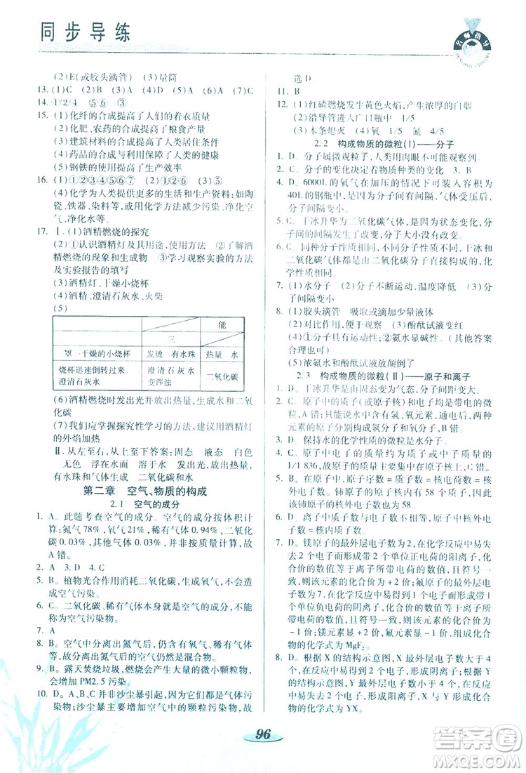 陜西科學技術(shù)出版社2019新課標教材同步導練九年級化學上冊答案
