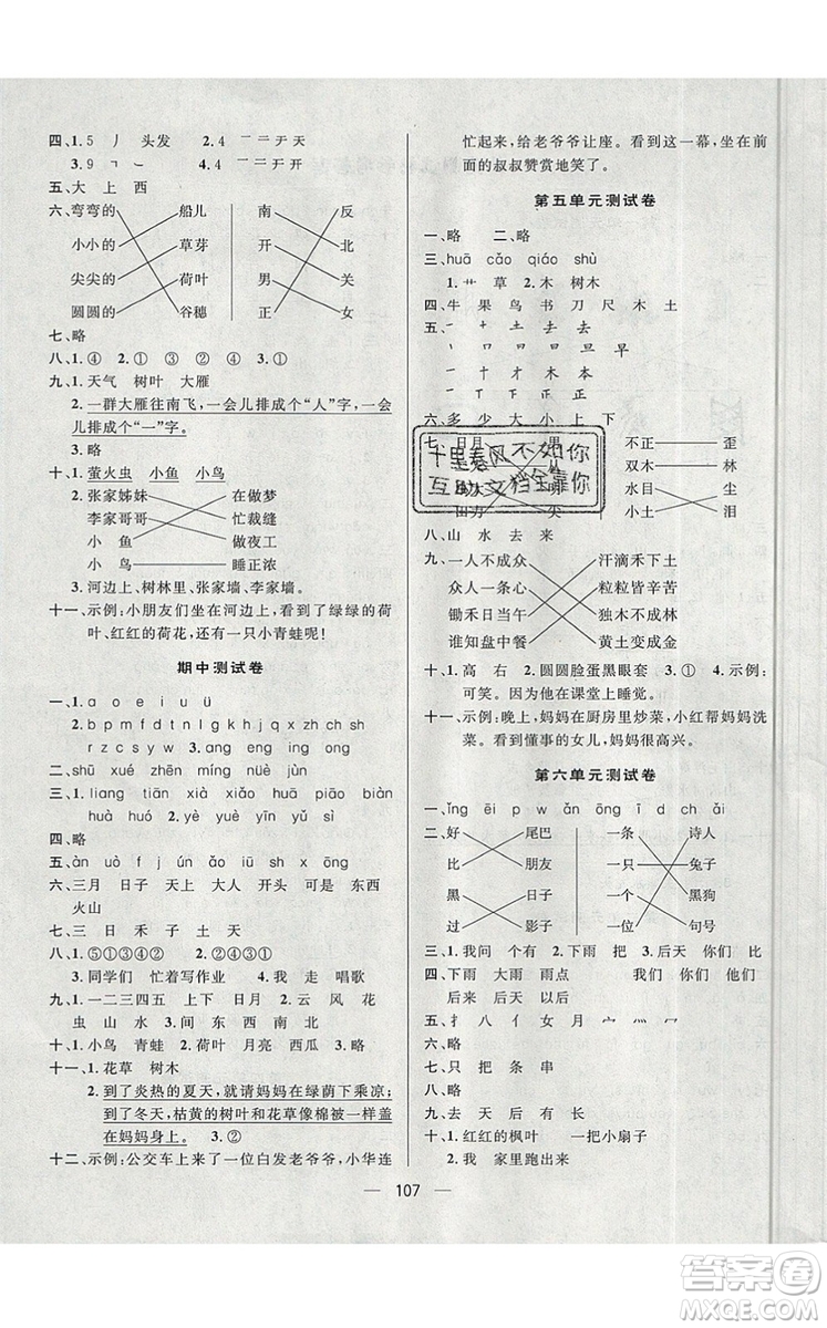 2019年簡(jiǎn)易通小學(xué)同步導(dǎo)學(xué)練一年級(jí)語(yǔ)文上冊(cè)人教版參考答案
