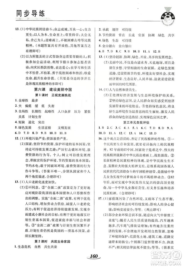 陜西科學(xué)技術(shù)出版社2019新課標(biāo)教材同步導(dǎo)練九年級道德與法治全一冊答案