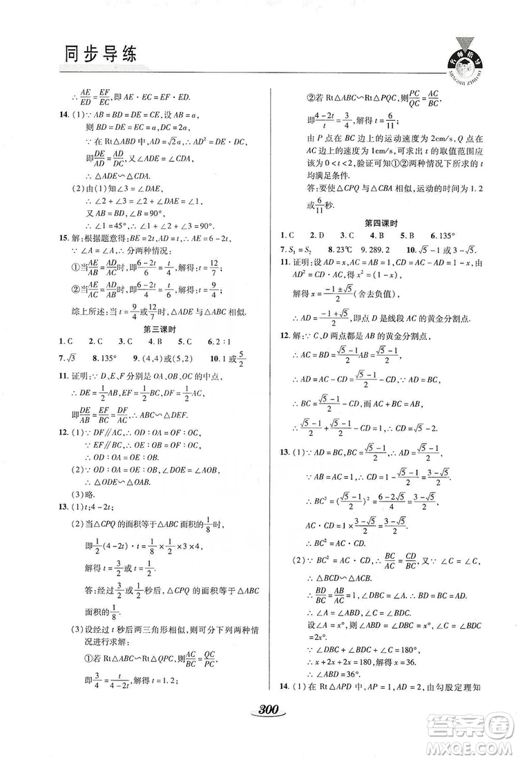 陜西科學技術出版社2019新課標教材同步導練九年級數學全一冊答案