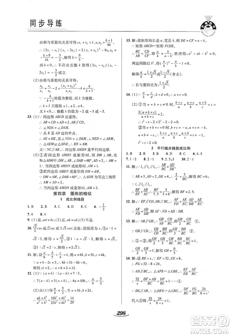 陜西科學技術出版社2019新課標教材同步導練九年級數學全一冊答案