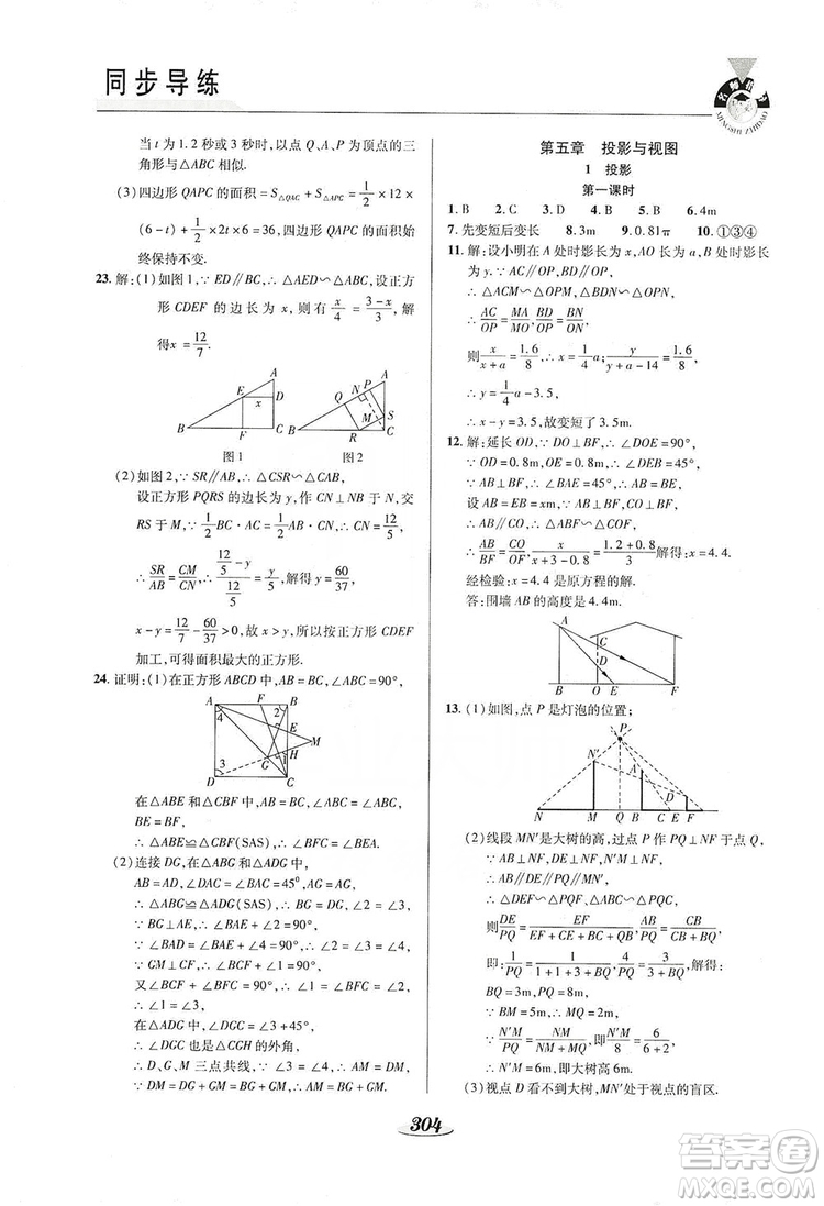 陜西科學技術出版社2019新課標教材同步導練九年級數學全一冊答案