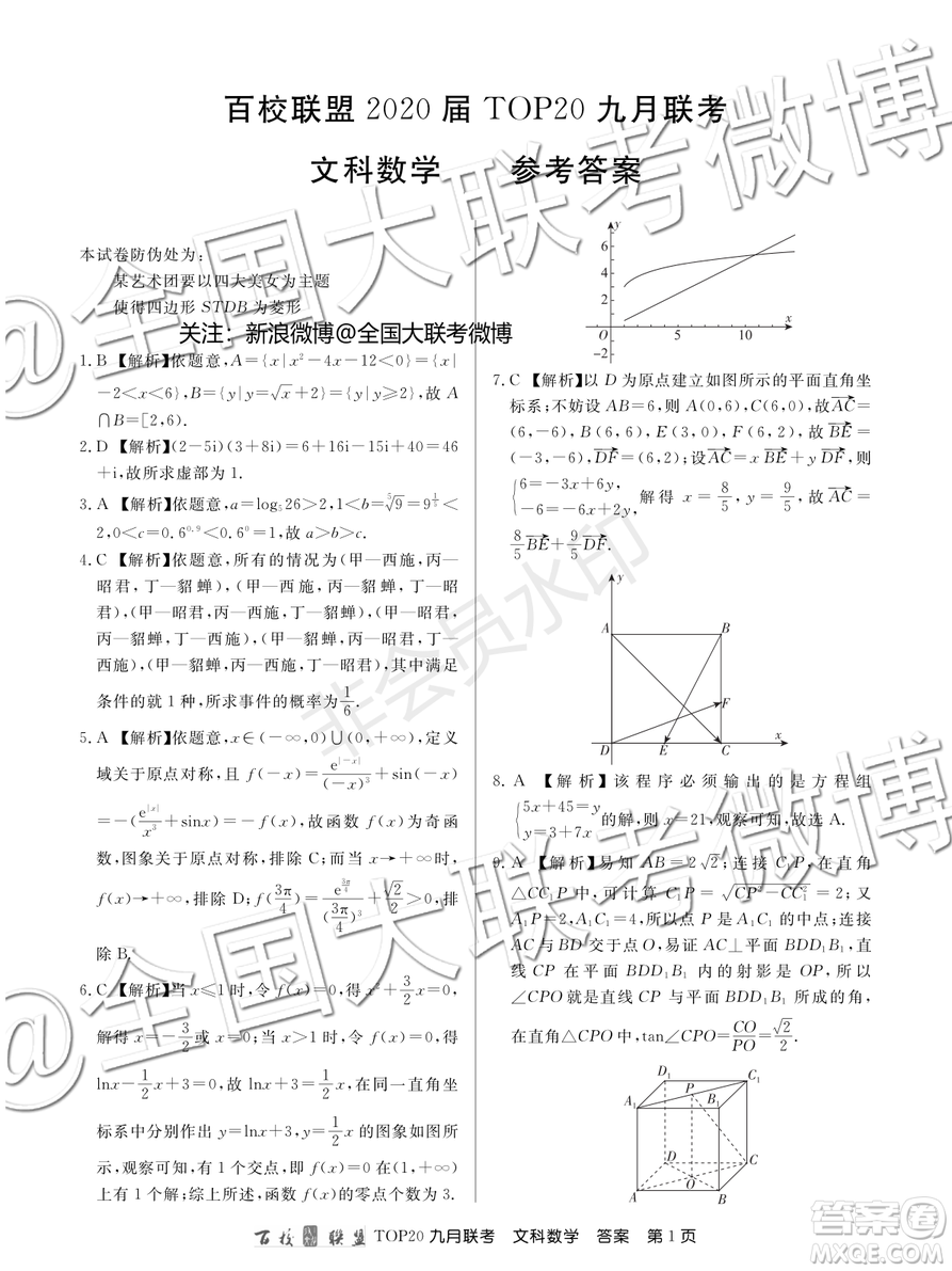 百校聯(lián)盟2020屆TOP20高三九月聯(lián)考文科數(shù)學(xué)答案