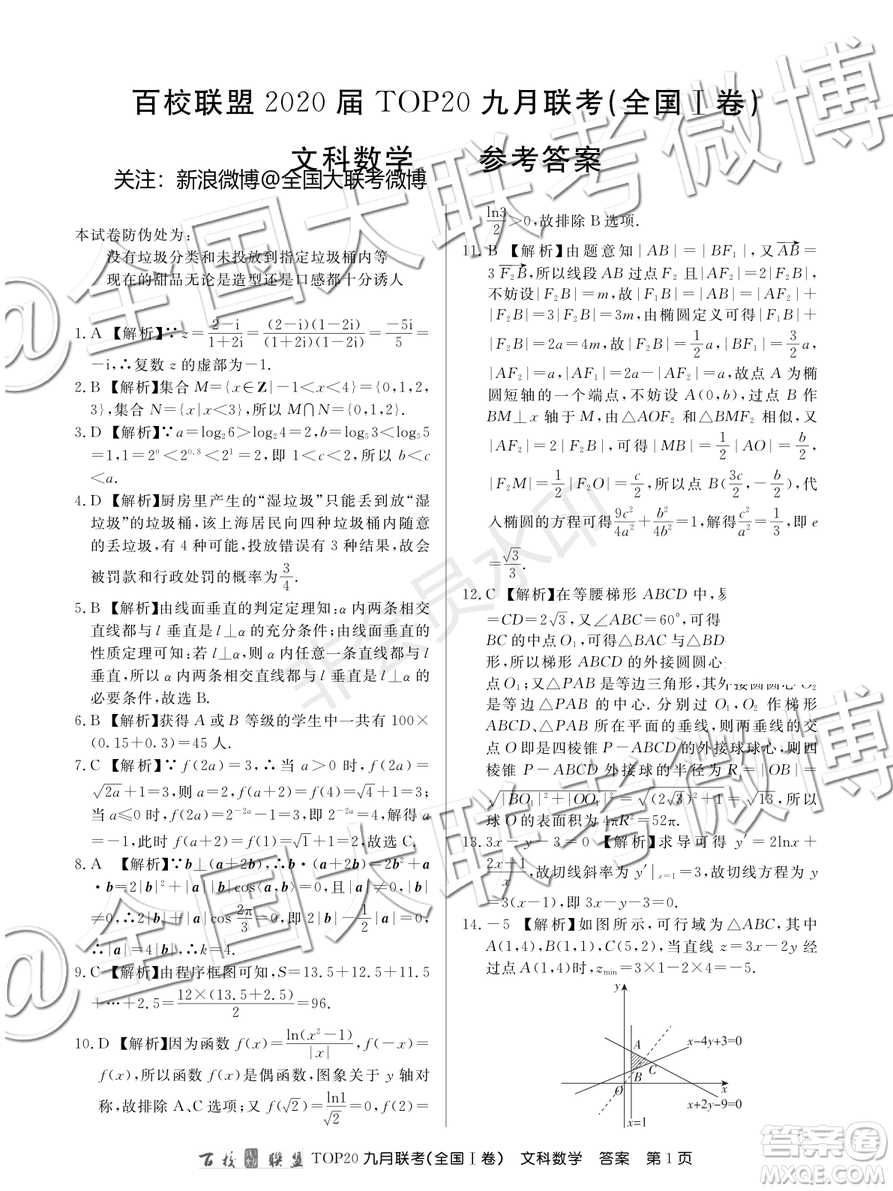 百校聯(lián)盟2020屆TOP20高三九月聯(lián)考文科數(shù)學全國I卷答案
