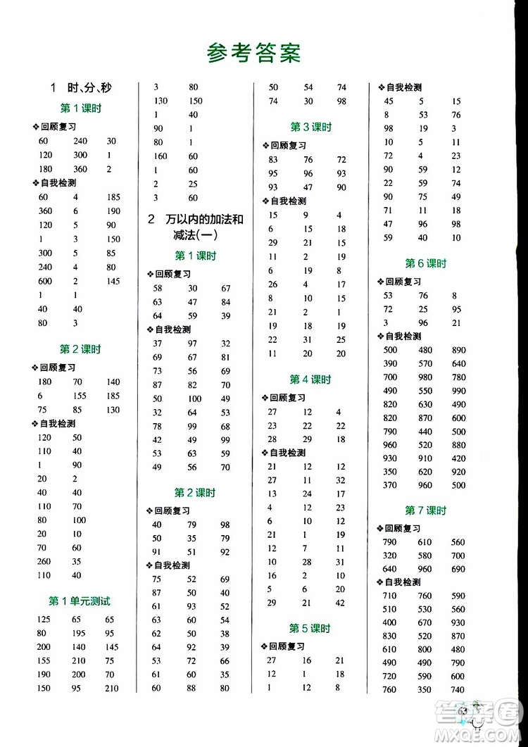 2019年P(guān)ASS綠卡圖書小學(xué)學(xué)霸口算三年級(jí)上RJ人教版參考答案