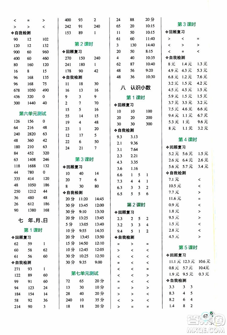2019年P(guān)ASS綠卡圖書(shū)小學(xué)學(xué)霸口算三年級(jí)上BS北師版參考答案