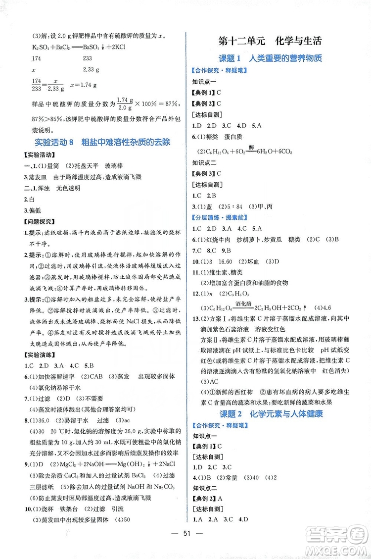 人民教育出版社2019同步學(xué)歷案課時(shí)練化學(xué)九年級(jí)全一冊(cè)答案