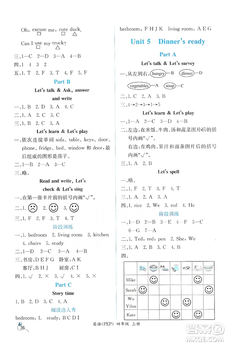 人民教育出版社2019同步導(dǎo)學(xué)案課時(shí)練四年級(jí)英語上冊答案