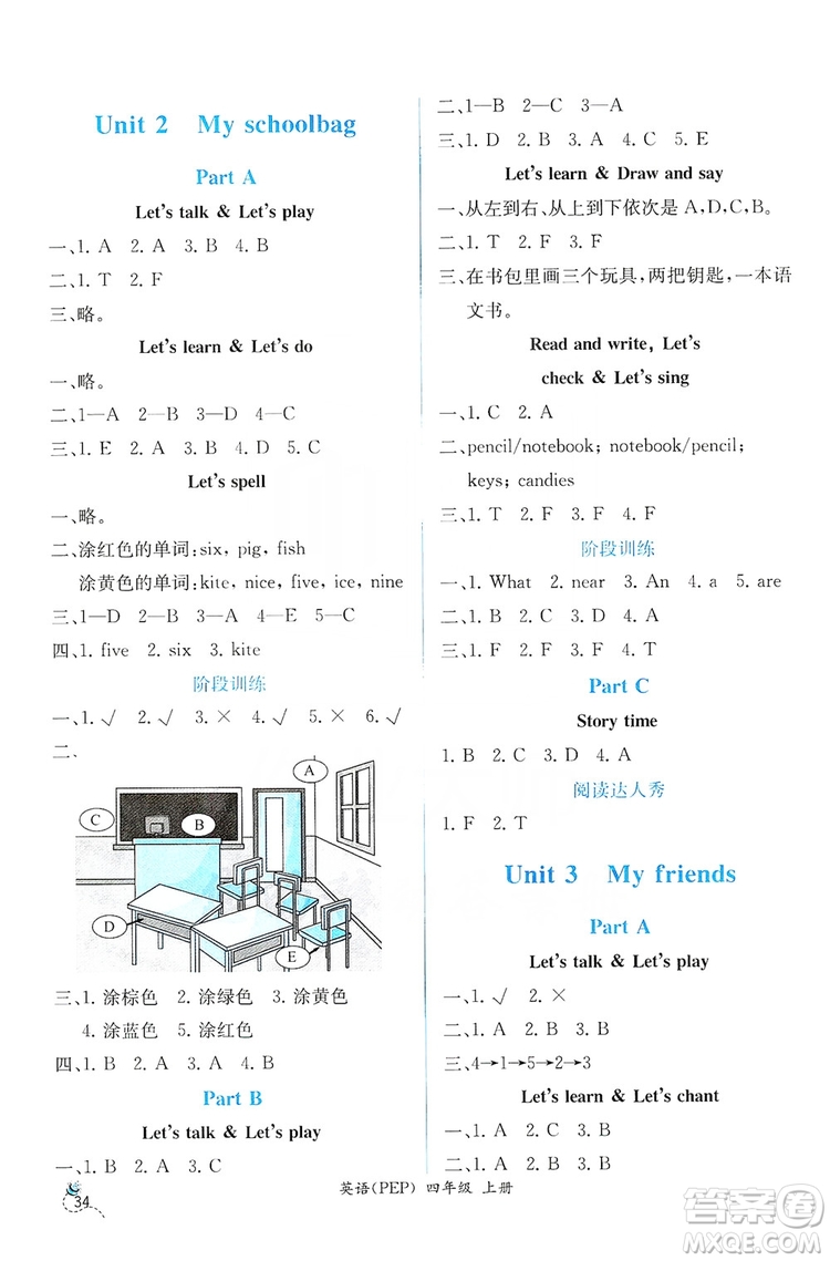 人民教育出版社2019同步導(dǎo)學(xué)案課時(shí)練四年級(jí)英語上冊答案