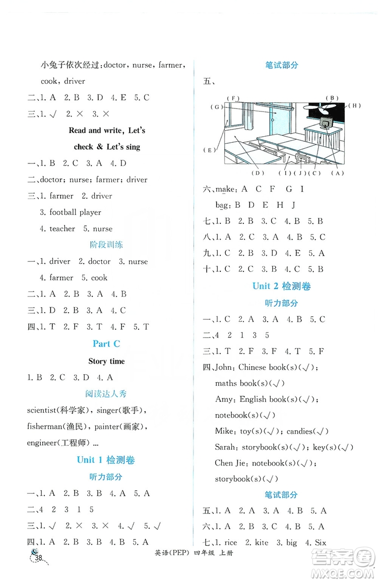 人民教育出版社2019同步導(dǎo)學(xué)案課時(shí)練四年級(jí)英語上冊答案
