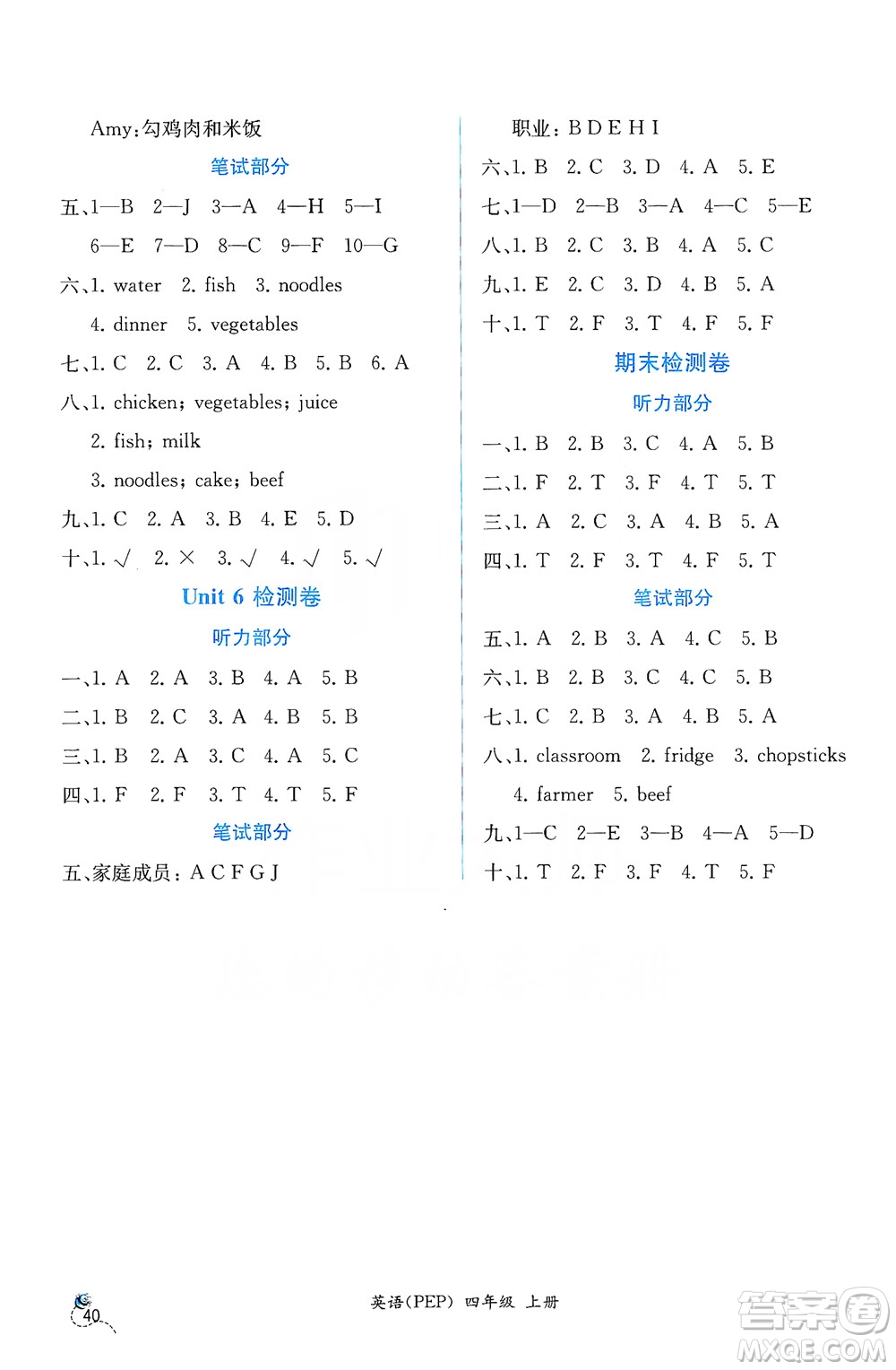 人民教育出版社2019同步導(dǎo)學(xué)案課時(shí)練四年級(jí)英語上冊答案