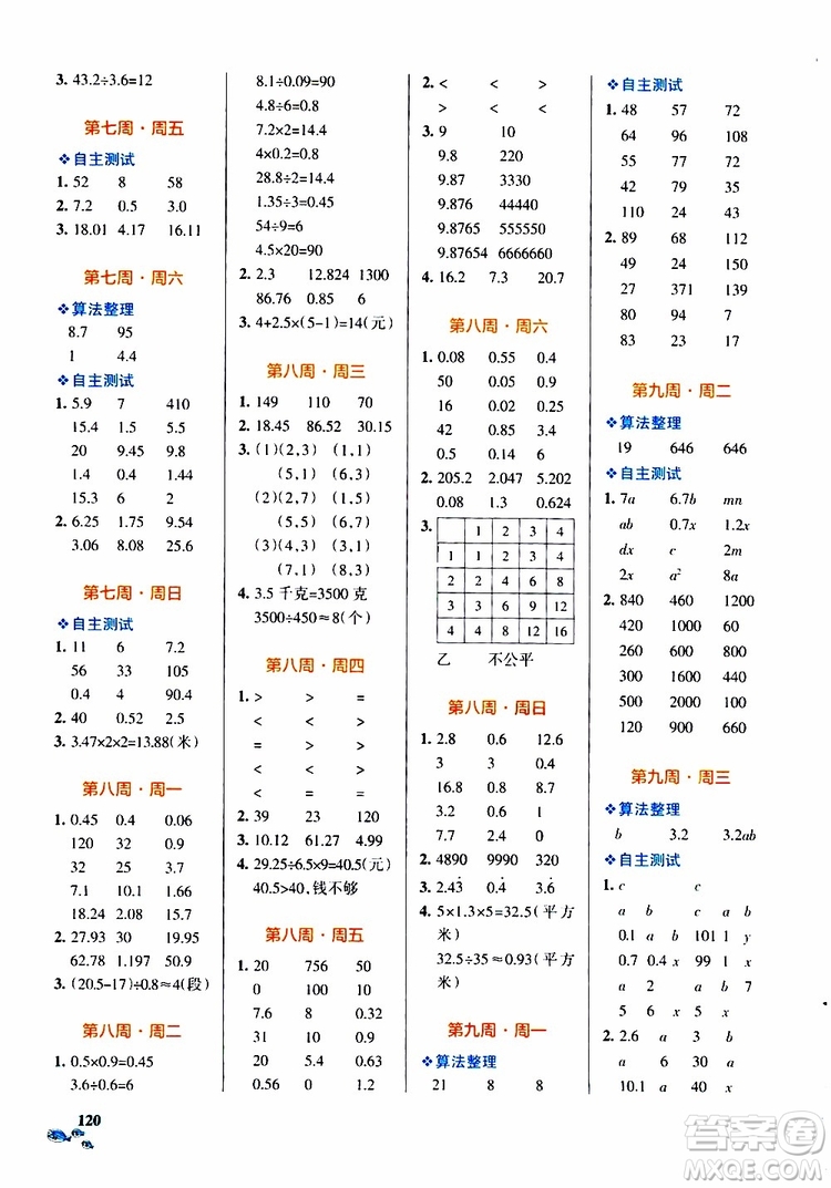 2019年P(guān)ASS綠卡圖書小學(xué)學(xué)霸天天計算五年級上RJ人教版參考答案
