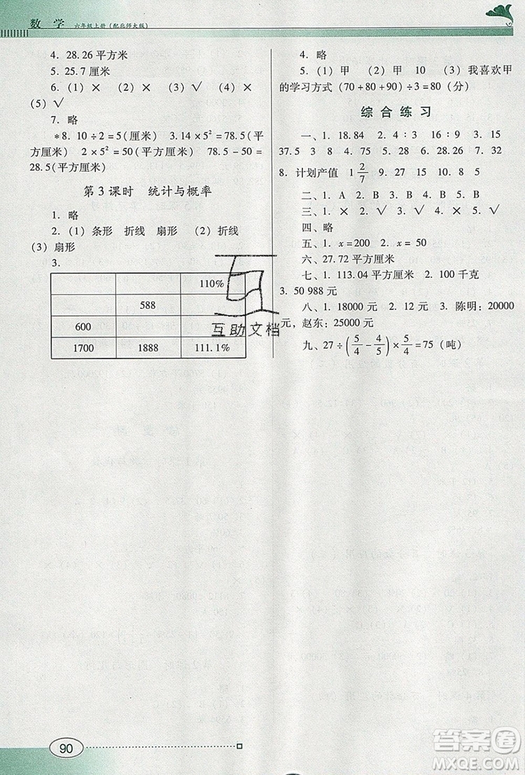2019年南方新課堂金牌學(xué)案六年級(jí)數(shù)學(xué)上冊(cè)北師大版參考答案