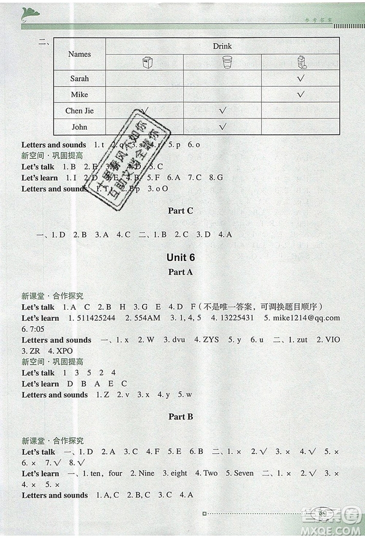 2019年南方新課堂金牌學(xué)案三年級英語上冊人教PEP版參考答案