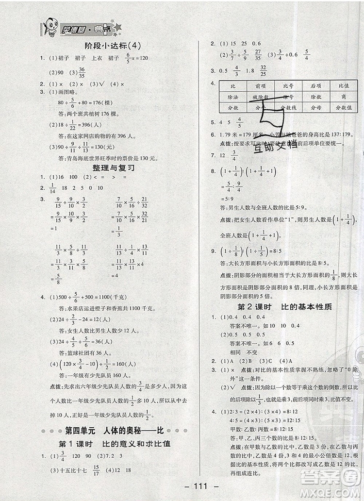 2019年綜合應(yīng)用創(chuàng)新題典中點六年級數(shù)學(xué)上冊青島版參考答案