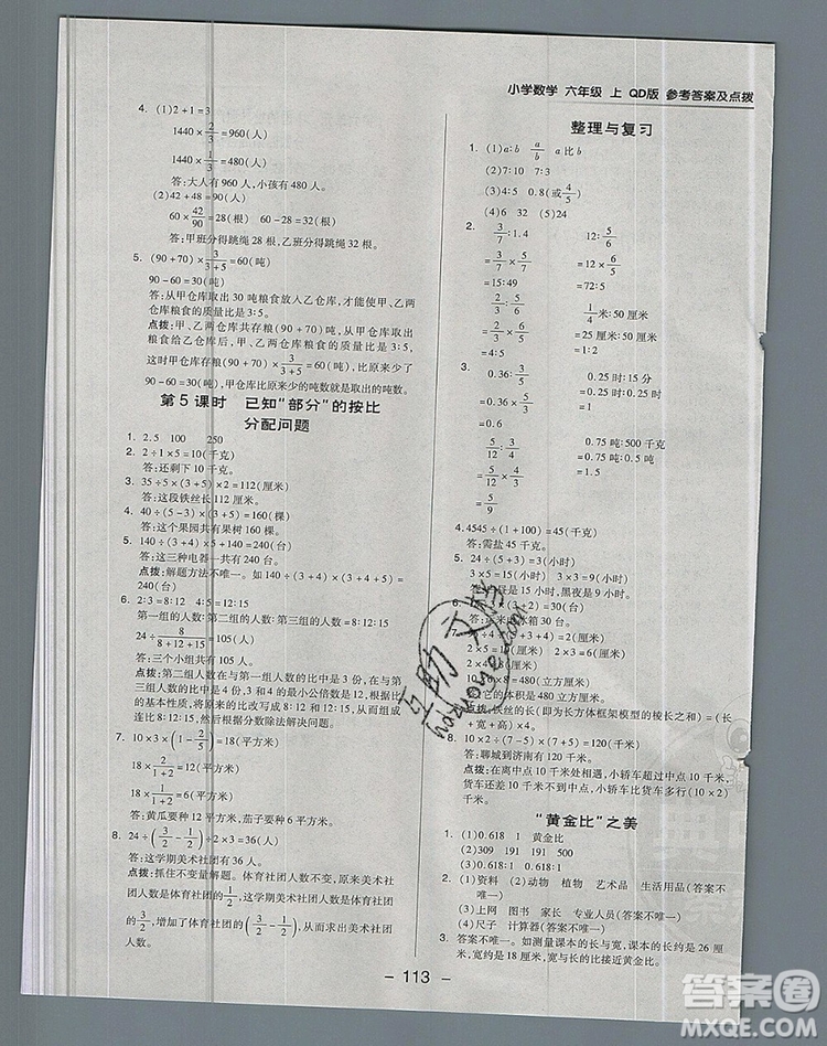 2019年綜合應(yīng)用創(chuàng)新題典中點六年級數(shù)學(xué)上冊青島版參考答案