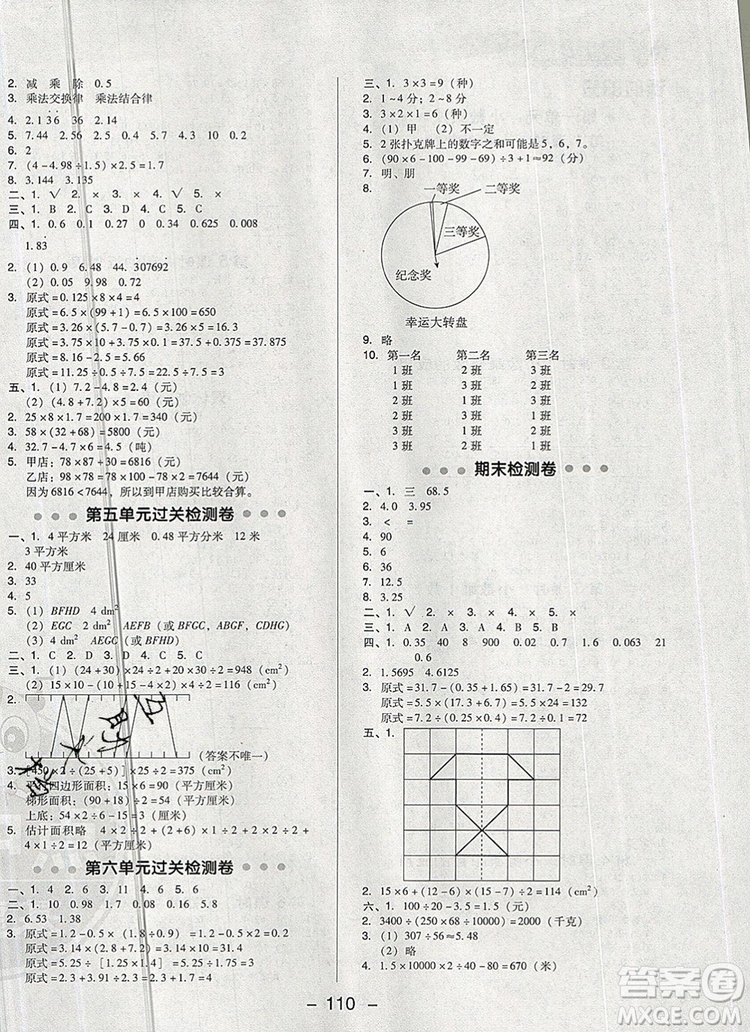 2019年綜合應(yīng)用創(chuàng)新題典中點五年級數(shù)學(xué)上冊西師大版參考答案