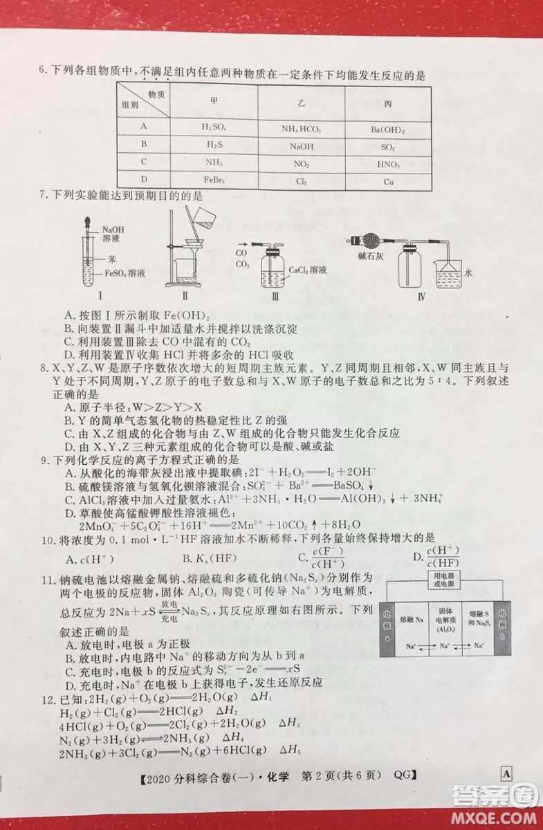 2020屆全國(guó)高考3+3分科綜合卷一化學(xué)試題及答案解析