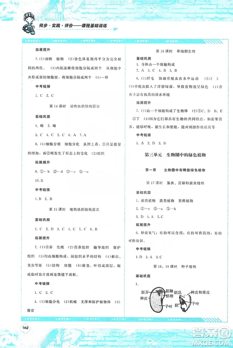 湖南少年兒童出版社2019課程基礎(chǔ)訓(xùn)練七年級(jí)生物上冊(cè)人教版答案