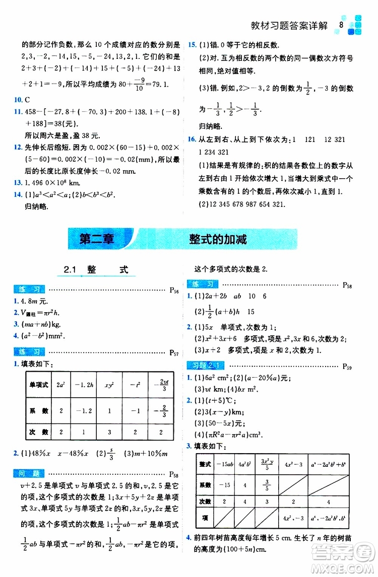 安徽人民出版社2019年全易通初中數(shù)學七年級上冊RJ人教版參考答案