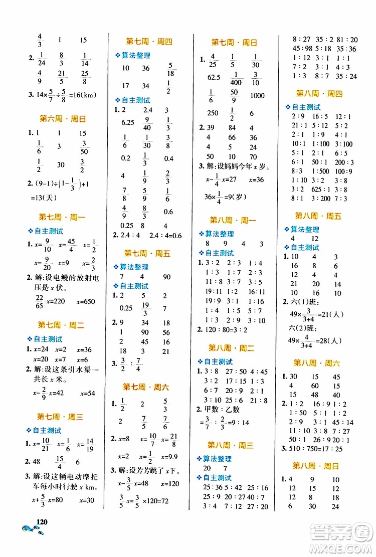 遼寧教育出版社2019年小學(xué)學(xué)霸天天計(jì)算六年級(jí)上冊RJ人教版參考答案