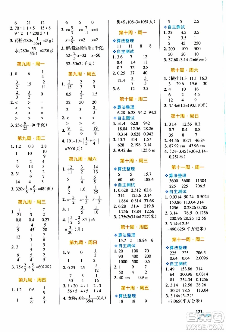 遼寧教育出版社2019年小學(xué)學(xué)霸天天計(jì)算六年級(jí)上冊RJ人教版參考答案