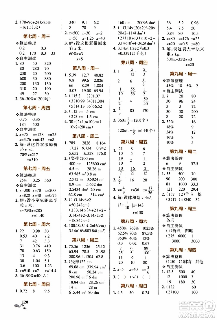 遼寧教育出版社2019年小學(xué)學(xué)霸天天計(jì)算六年級(jí)上冊(cè)BS北師版參考答案