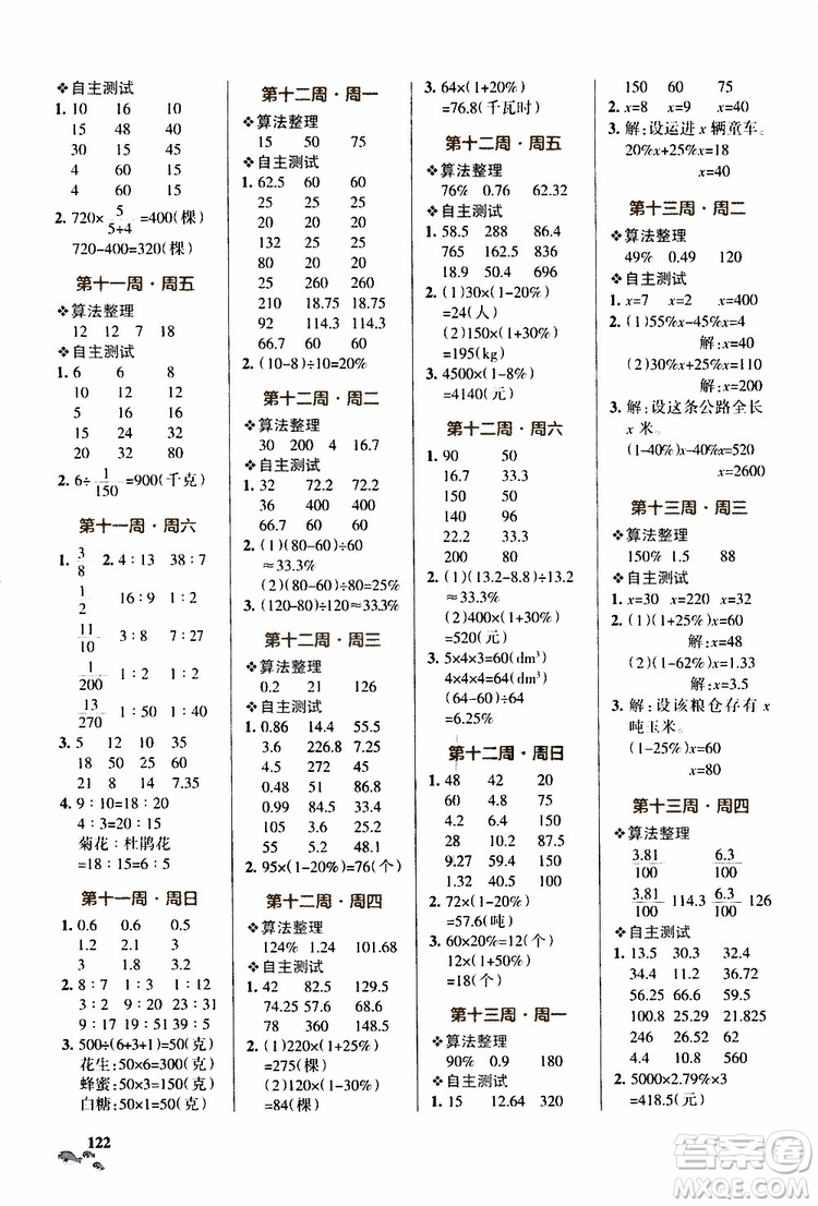 遼寧教育出版社2019年小學(xué)學(xué)霸天天計(jì)算六年級(jí)上冊(cè)BS北師版參考答案