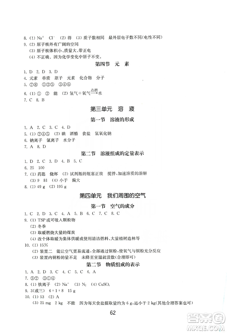 山東教育出版社2019初中基礎(chǔ)訓(xùn)練九年級化學(xué)全一冊人教版答案