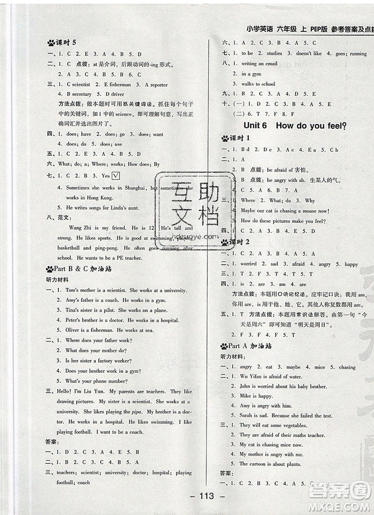 2019年綜合應(yīng)用創(chuàng)新題典中點(diǎn)六年級(jí)英語(yǔ)上冊(cè)人教PEP版參考答案