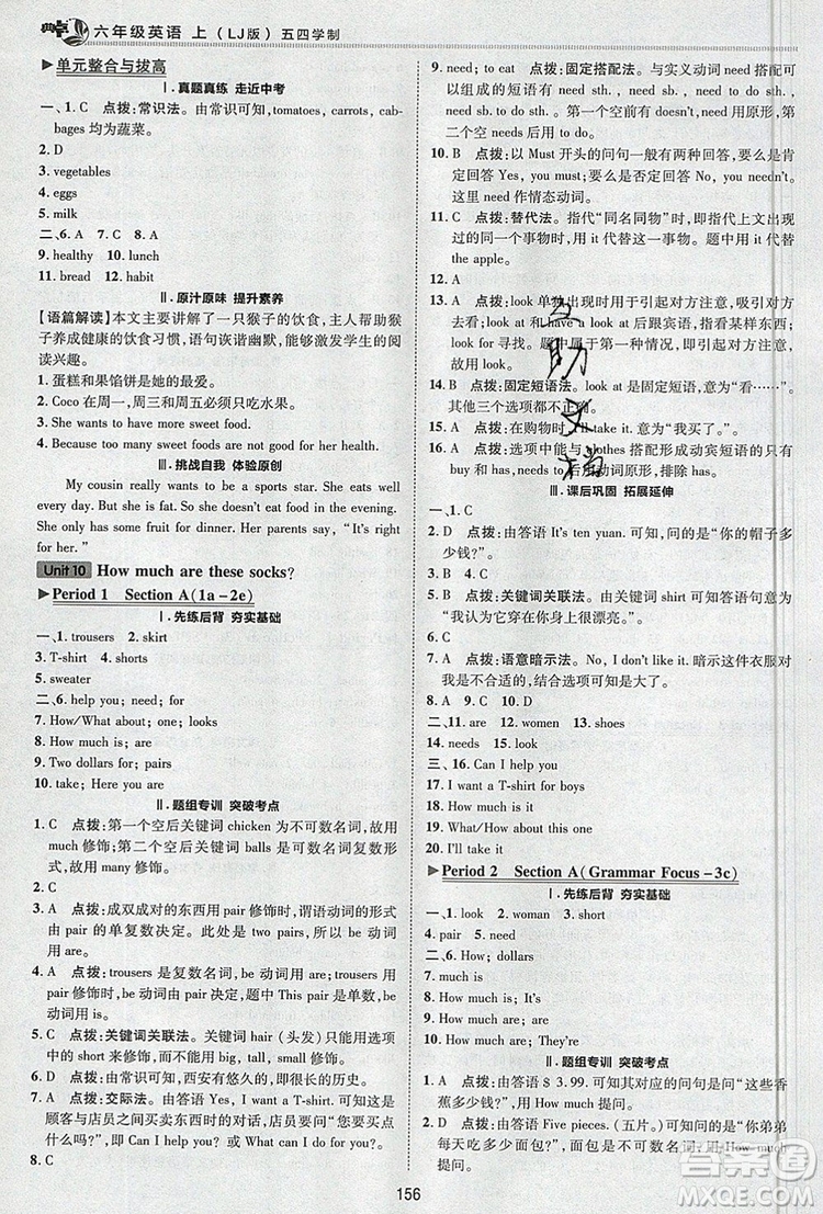 2019年綜合應(yīng)用創(chuàng)新題典中點(diǎn)六年級(jí)英語上冊(cè)魯教版參考答案
