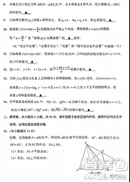 2020屆江蘇省南通市通州區(qū)高三第一次調研抽測數(shù)學試題及答案